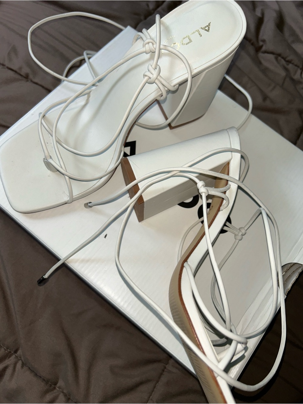 Aldo White Lace-Up Square Toe Block Heels